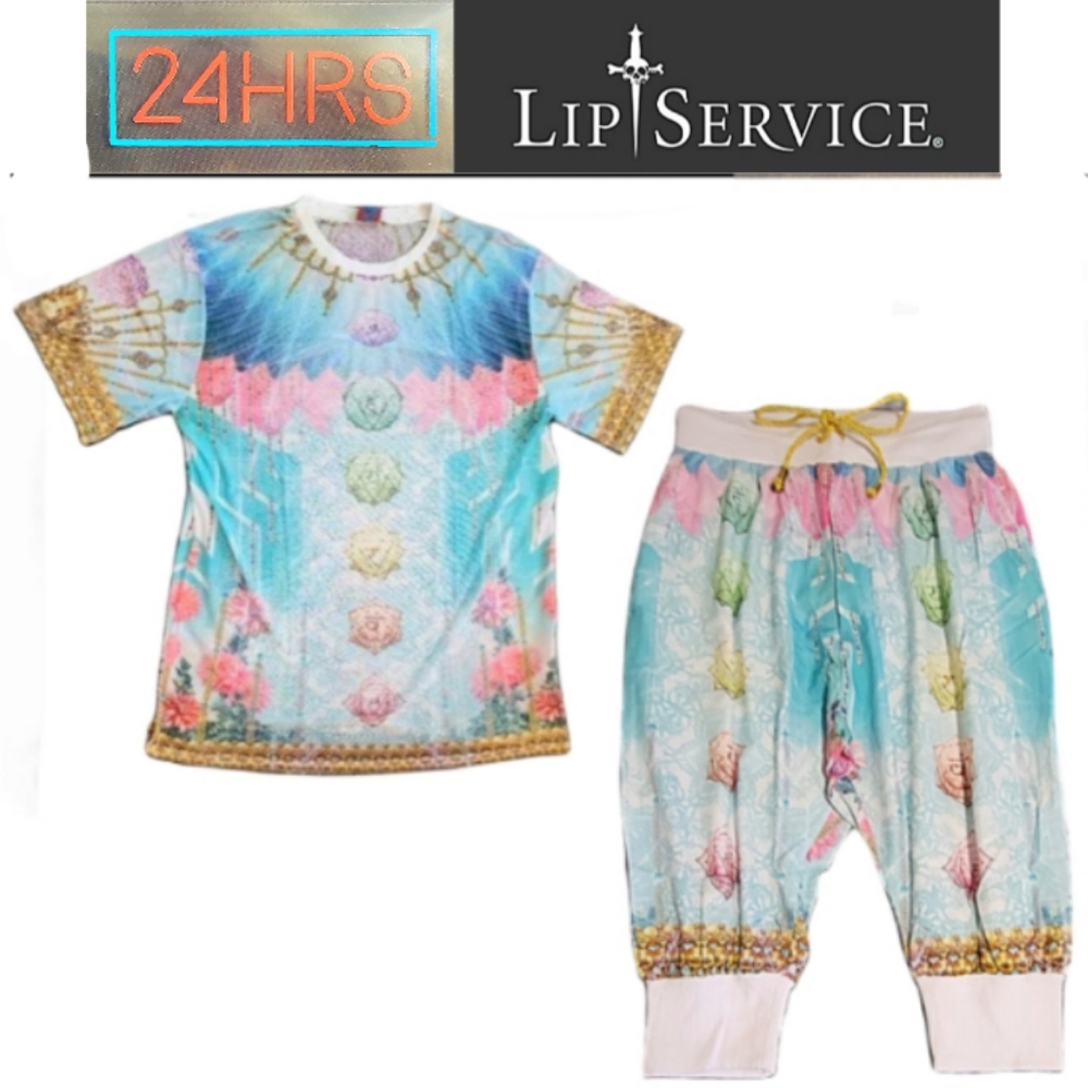 NWT 24Hrs Med Mantra Visuddha Mesh Printed S/S Tee & Manipura Drop Crotch Shorts